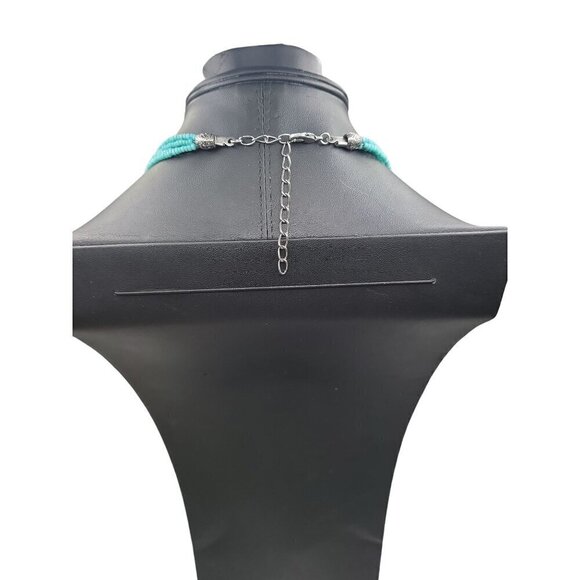 Faux Turquoise Large Pendant Necklace Runway Style Silver Tone 21" Beaded Chain - Picture 16 of 16